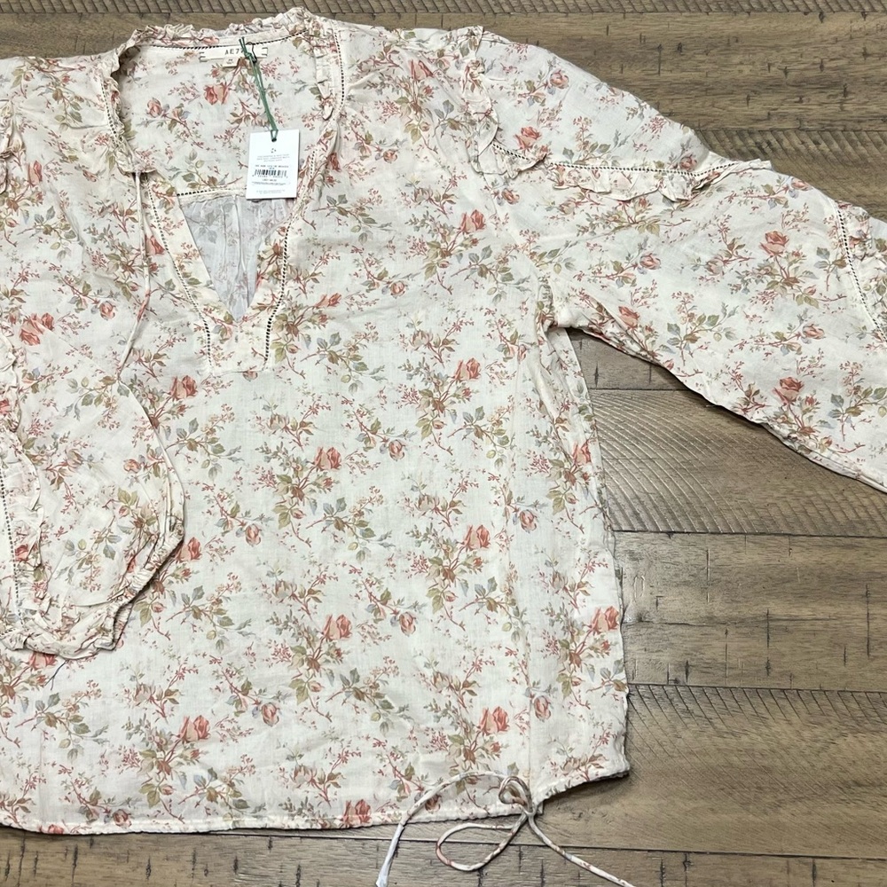 American Eagle Outfitters Cream Tie Front Blouse with Mandarin Collar